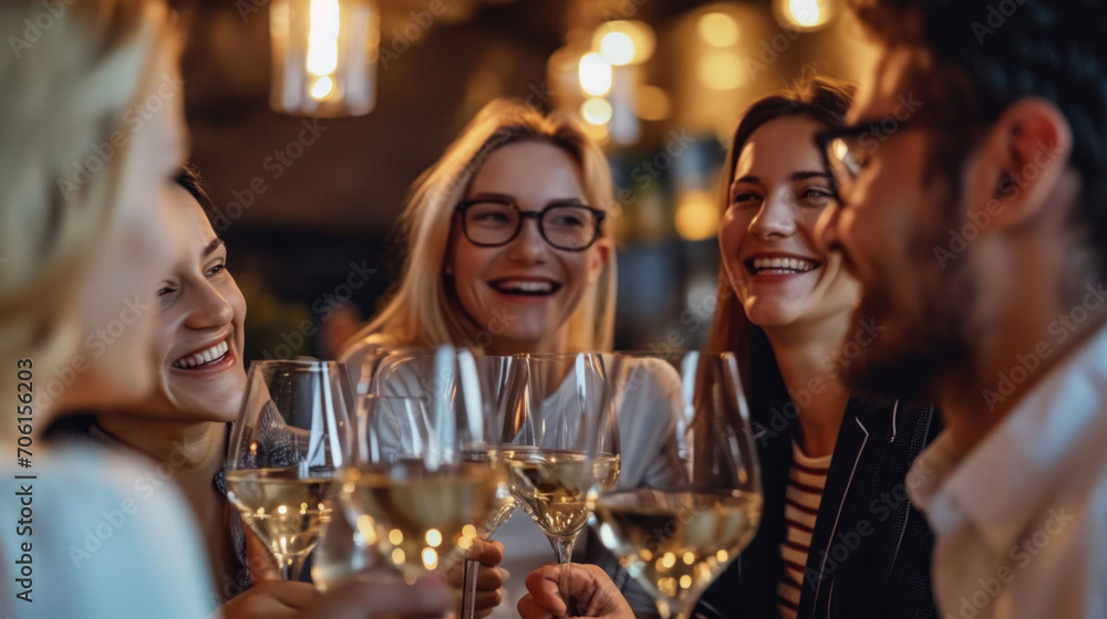 A close-knit group of colleagues clinking glasses of white wine in a cozy restaurant, celebrating a triumph in their business venture with genuine smiles. A close-knit group of colleagues clinking glasses of white wine in a cozy restaurant, celebrating a triumph in their business venture with genuine smiles.