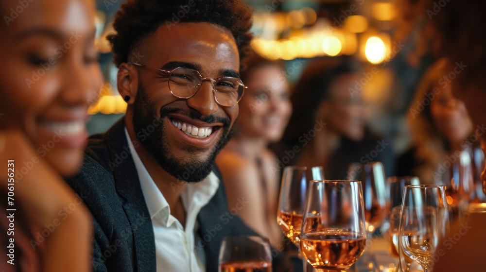 A joyful group of coworkers engage in a toast at a company gathering, smiles wide as they commemorate the successful conclusion of a business endeavor.