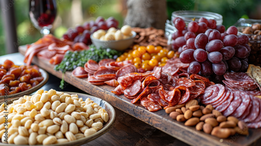 Elegant charcuterie board boasting a selection of fine meats, cheeses, and golden berries, perfect for any sophisticated gathering or wine tasting event. This spread is a feast for the senses, both in