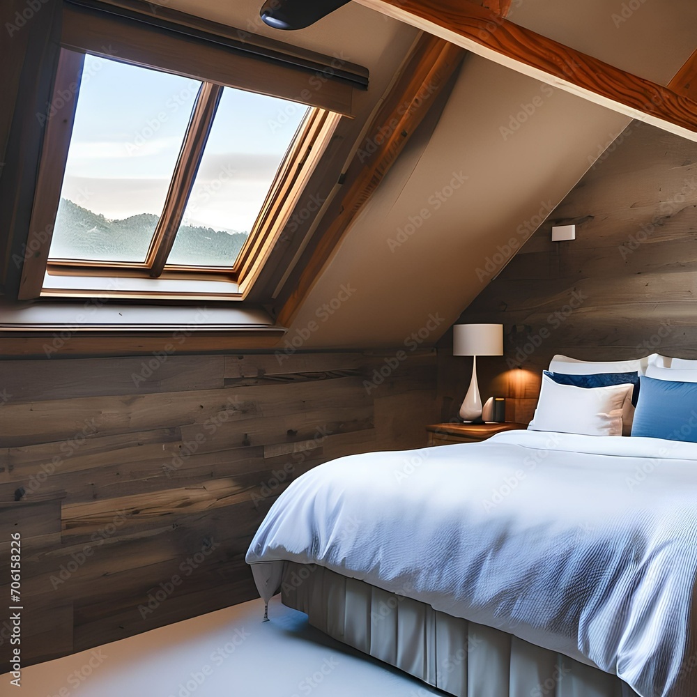 A cozy attic bedroom with slanted ceilings, skylights, and a window seat5