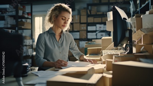 Office scene, small business owner, a beautiful Lady, who applying labels on the package. Online shopping SME entrepreneur, Freelance working.