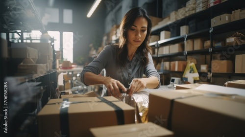 Office scene, small business owner, a beautiful Lady, who applying labels on the package. Online shopping SME entrepreneur, Freelance working.