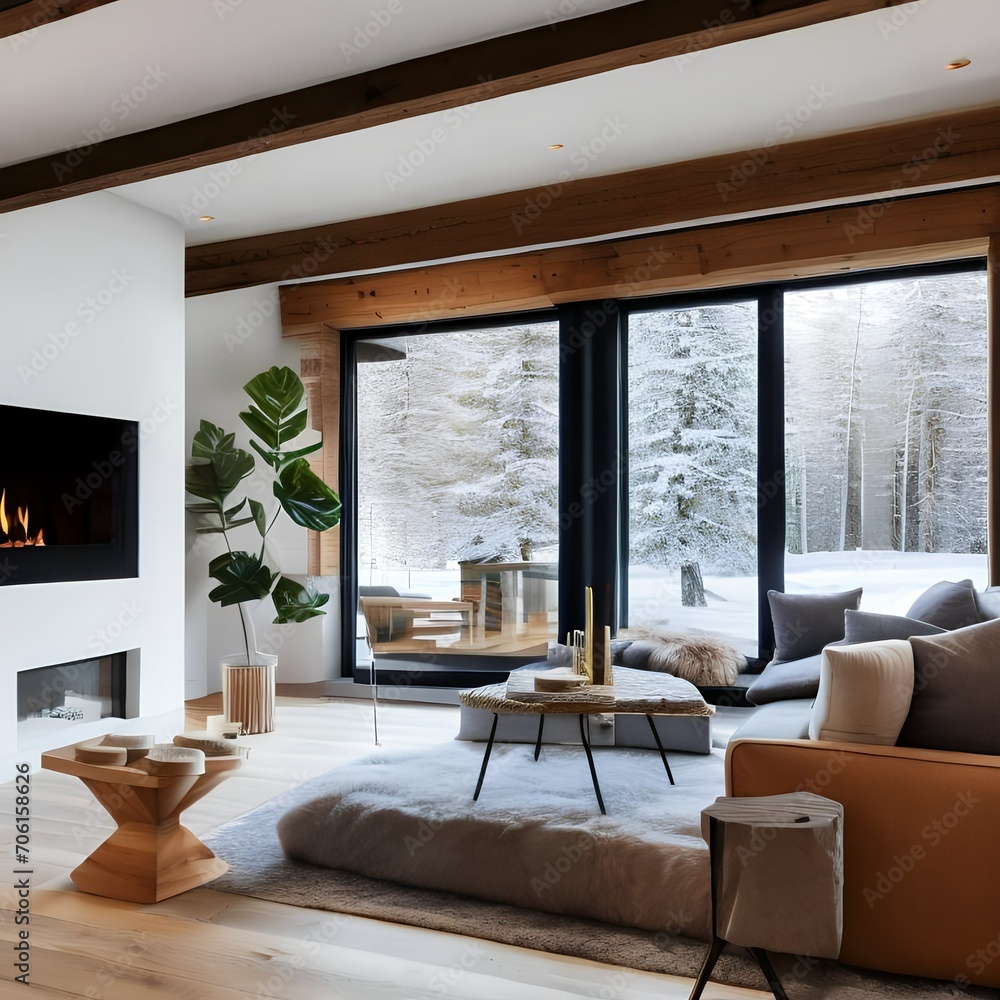 A Scandinavian-inspired living room with cozy textiles, a fireplace, and plenty of natural light4