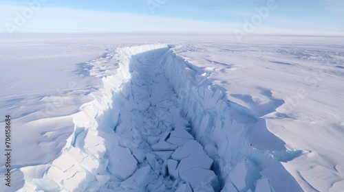 From above, witness the unfolding of a natural phenomenon as a massive fracture forms in the glistening surface of a frigid ice sheet.
