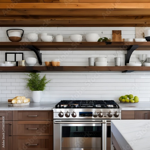 A modern farmhouse kitchen with open shelving, a farmhouse sink, subway tile backsplash, and a large wooden dining table5