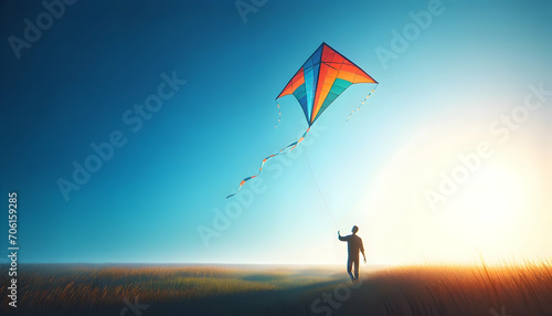 Silhouette of man with a kite at sunny day.