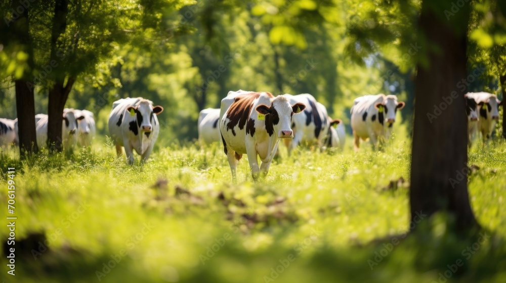 A herd of healthy, content cows roaming amidst lush trees and grasses, a result of the symbiotic relationship between tree farming and livestock in largescale agroforestry.