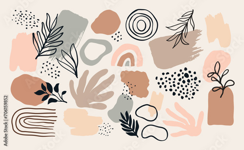Modern hand drawn plant leaf and tropical shape decoration set. Pastel color doodle bundle for fashion design, summer season or natural concept.