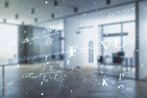 Scientific formula hologram on a modern furnished office interior background, research concept. Multiexposure