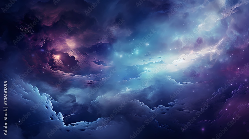 Interstellar clouds of cosmic teal and deep violet swirling, creating a mesmerizing galactic panorama.