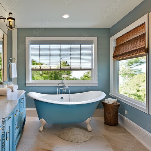 A coastal-themed bathroom with seashell decor, light blue accents, a freestanding bathtub, and a driftwood-framed mirror1