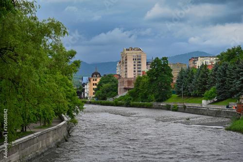 Terek River embankment in Vladikavkaz city on a cloudy day © pdeminhiker
