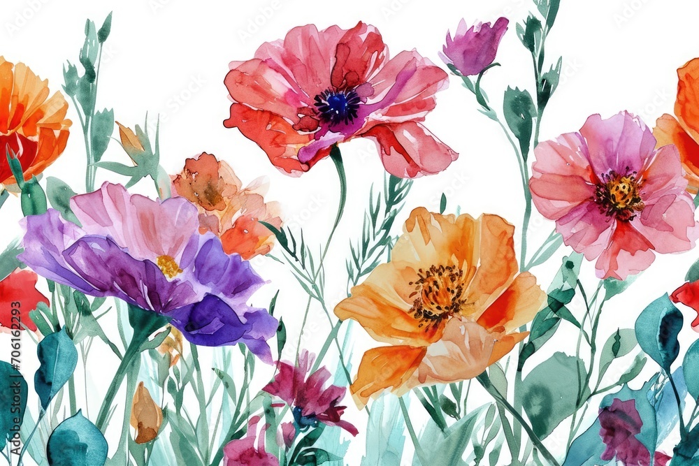 Watercolor flowers on white background, theme spring.