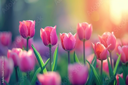 Beautiful panoramic spring nature background with tulip flowers