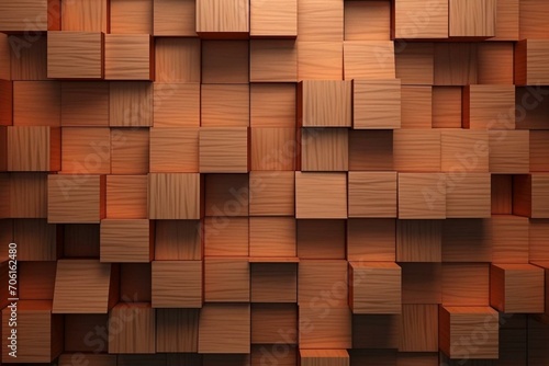 Arrangement of square tiles forming a wooden wall with a soft sheen, created from 3D blocks. Rendered in 3D. Generative AI
