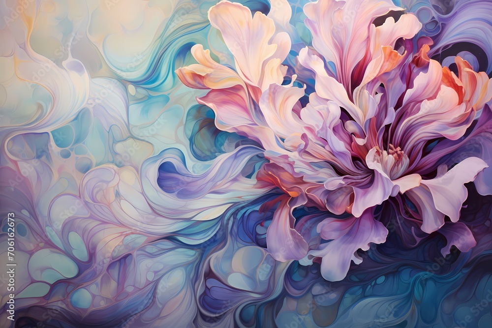 Intricate patterns of jade and lilac unfolding on the canvas, inviting viewers into a world of enchanting abstract beauty.