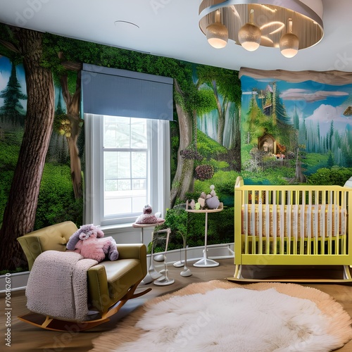 A whimsical nursery with a mural of a enchanted forest, pastel-colored furniture, plush toys, and a rocking chair3 photo