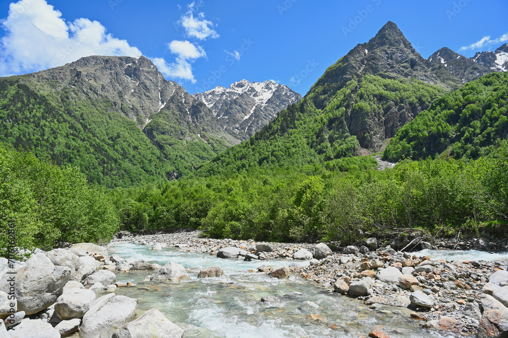 Tanandon river in the Digora mountain gorge on a summer day