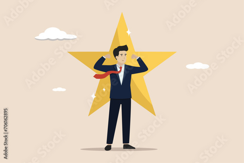 Star employee, success leader or confidence, quality concept, confidence businessman with excellent golden star.