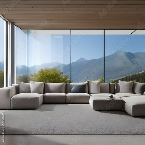 A minimalist living room with neutral tones, a large modular sofa, and floor-to-ceiling windows letting in natural light5
