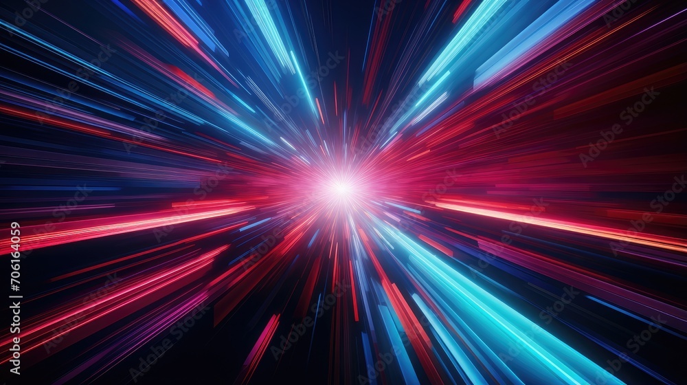 futuristic light ray acceleration - radiant speed lines in blue and pink neon, perfect for abstract backgrounds and sci-fi imagery - obrazy, fototapety, plakaty 