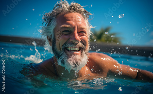 Retired elderly man practices swimming in the pool, happy, cheerful and smiling. Swimming for seniors. Aquafitness and water aerobics with activity and exercise in change