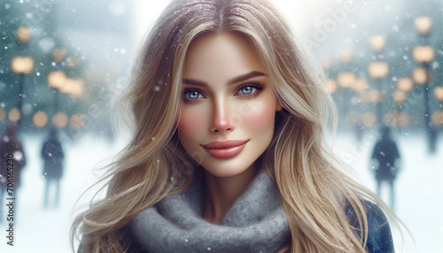 Realistic portrait of a 26-year-old girl model with long blonde hair in a mild snowstorm, outdoors.