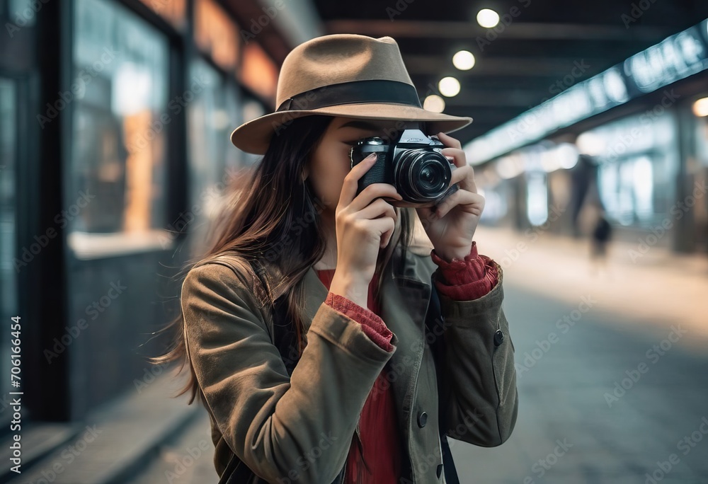 Woman photographer with dslr camera taking pictures outdoor. Mixed race girl with photo camera outdoor. Home hobby, lifestyle, travel, people concept