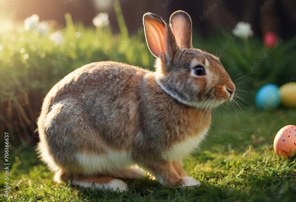 Fototapeta premium gray rabbits in the grass among colored eggs at sunset or sunrise. Spring or summer sunny day outdoors.
