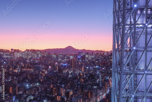An evening Mt Fuji view from Solamachi building next to Tokyo Skytree in Tokyo, Japan. January 4, 2024 photo