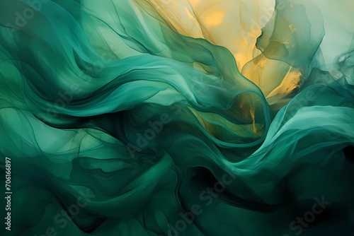 Layers of emerald and gold melding together in a luxurious dance, producing a sophisticated abstract masterpiece.