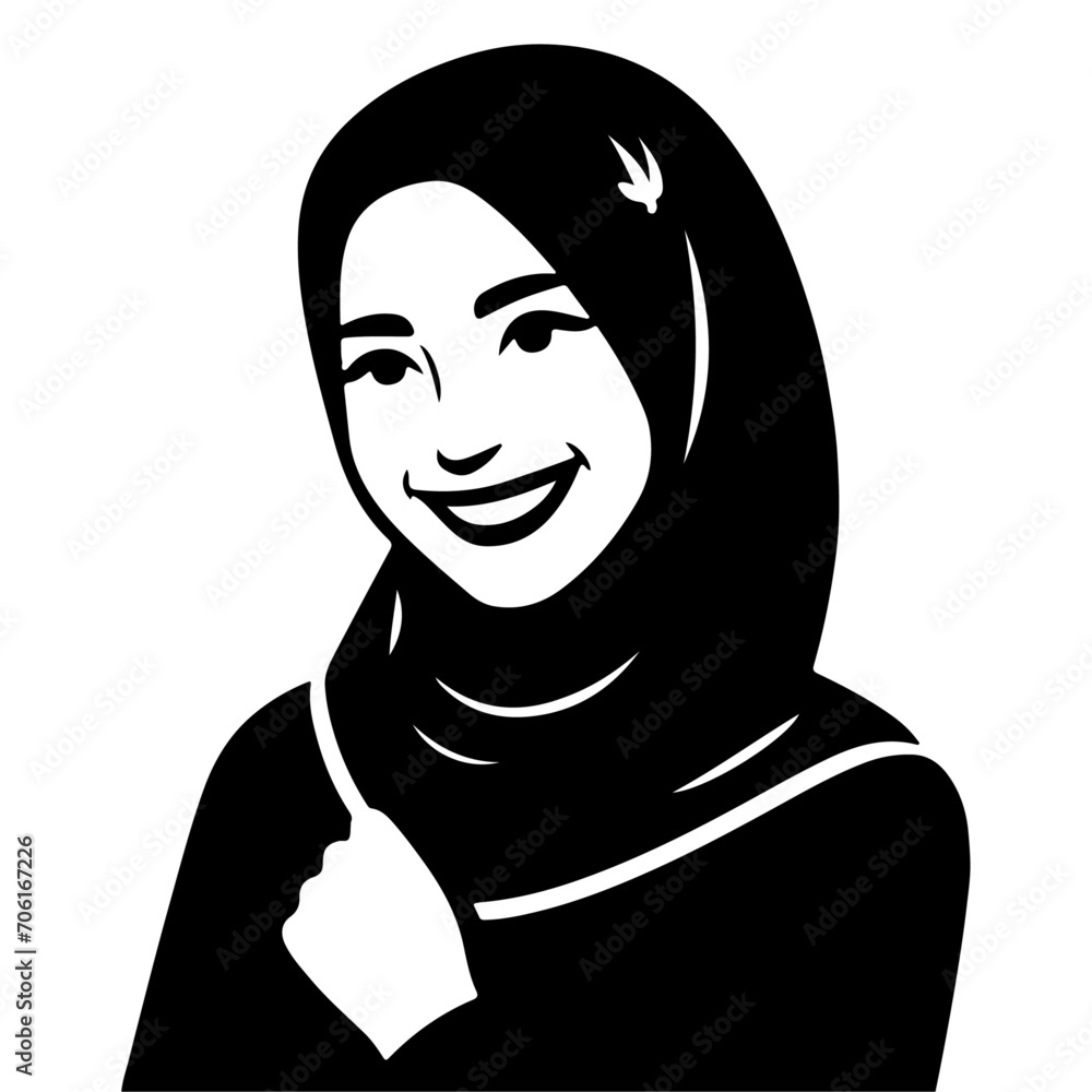 Fototapeta premium a smiling hijab woman flat vector silhouette, black color silhouette