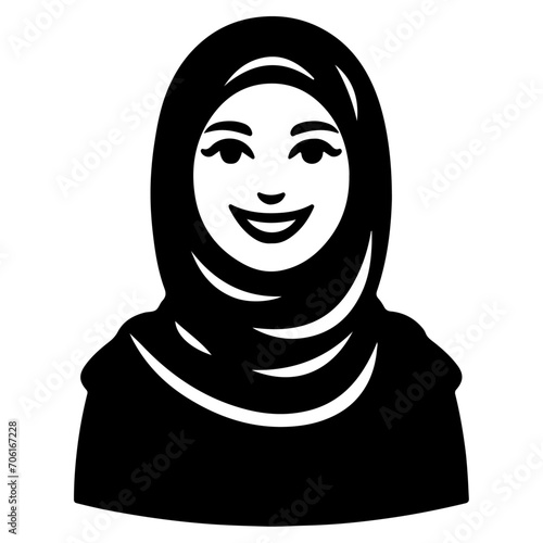 a smiling hijab woman flat vector silhouette, black color silhouette