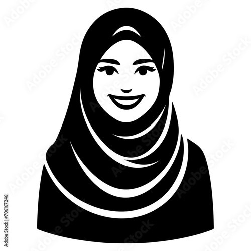 a smiling hijab woman flat vector silhouette, black color silhouette