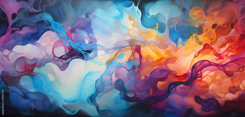 Liquid streams colliding and intertwining in a burst of vibrant colors, frozen in time to capture the intricate details of fluid motion
