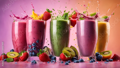 colorful, splashing smoothie in a glas with fruits photo