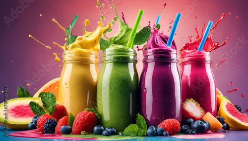 colorful, splashing smoothie in a glas with fruits photo