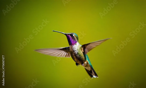 A close-up shot of a cute hummingbird flying on a blurred background