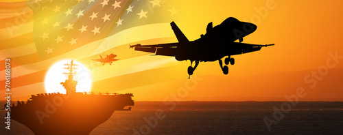 Aircraft carrier and warplane on sea sunset background. National flag of USA. NAVY forces. 3d illustration.