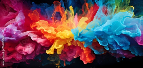 Liquid fireworks of intense color exploding in an abstract dance, frozen in time to showcase the dynamic and vibrant beauty of fluid flow
