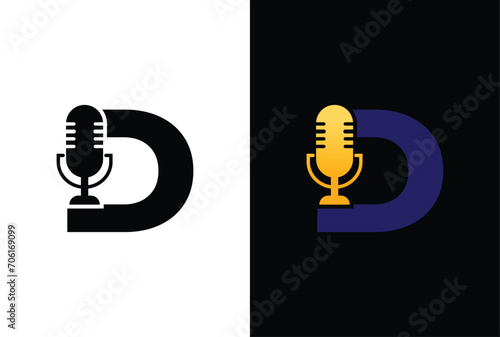 Letter D with podcast logo. D with suitable for podcasting, internet, brand, musical, digital, entertainment, studio template illustration.