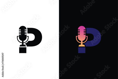 Letter P with podcast logo. P with suitable for podcasting, internet, brand, musical, digital, entertainment, studio template illustration.