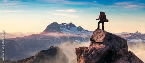 Adventure Woman on top of Rocky Mountain Cliff. Aerial Canadian Mountain landscape. 3d