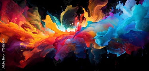 Liquid fireworks of intense color exploding in an abstract dance, frozen in time to showcase the dynamic and vibrant beauty of fluid flow