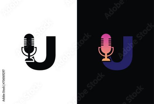 Letter U with podcast logo. U with suitable for podcasting, internet, brand, musical, digital, entertainment, studio template illustration.