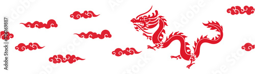 cloud and dragon, Lunar New Year themed paper graphic for cover, card, poster, banner. Chinese zodiac Dragon symbol. Hieroglyphics mean Happy New Year and symbol of of the Dragon