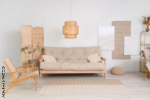 Blurred view of stylish living room with paintings, sofa and armchair