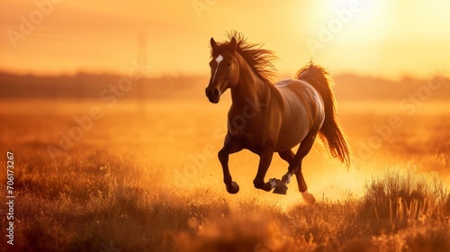 Horse Galloping in Sunset Field
