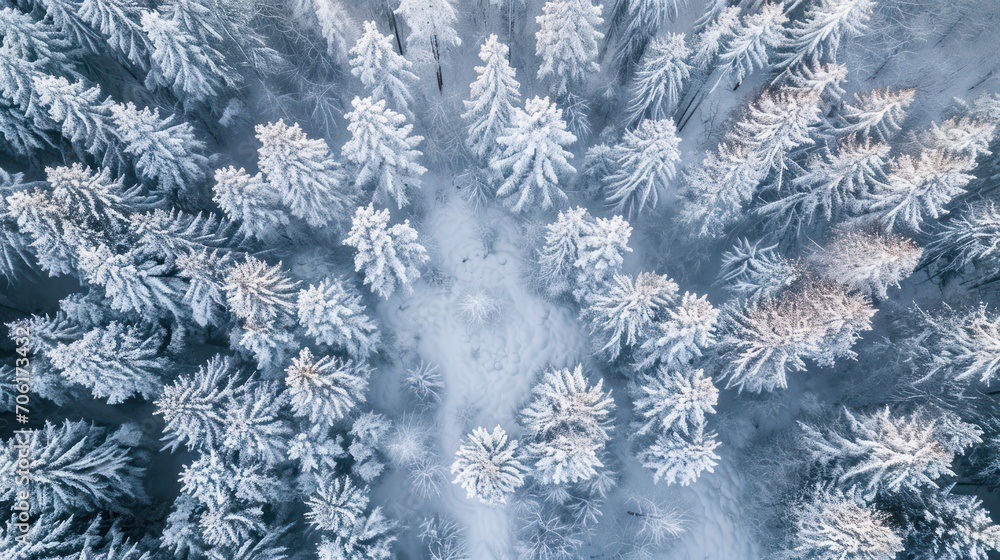 Aerial view of winter forest covered with hoarfrost and snow