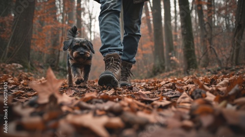 Autumn Walk with Dog in Forest